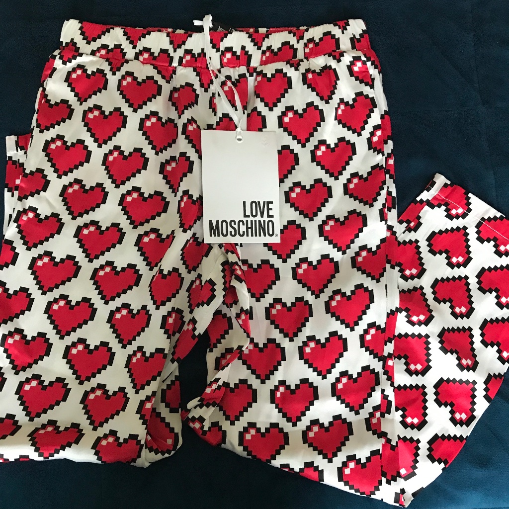 Love Moschino Women Pixel Hearts Lounge Crop Pants White Red Sz 42 (6)High Rise
